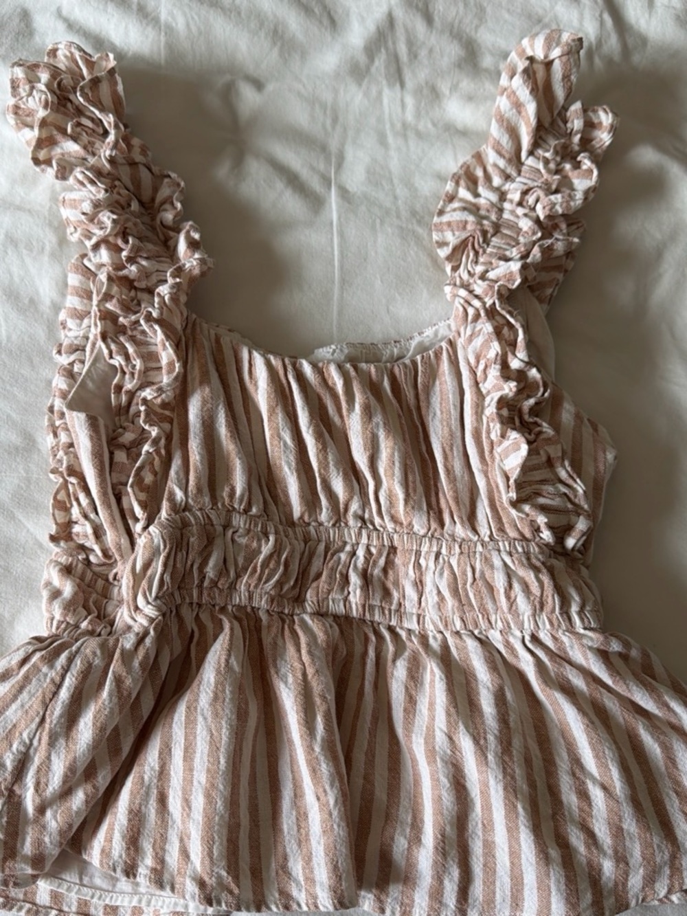 Abercrombie & Fitch Womens Tan and white striped tank top with ruffle straps